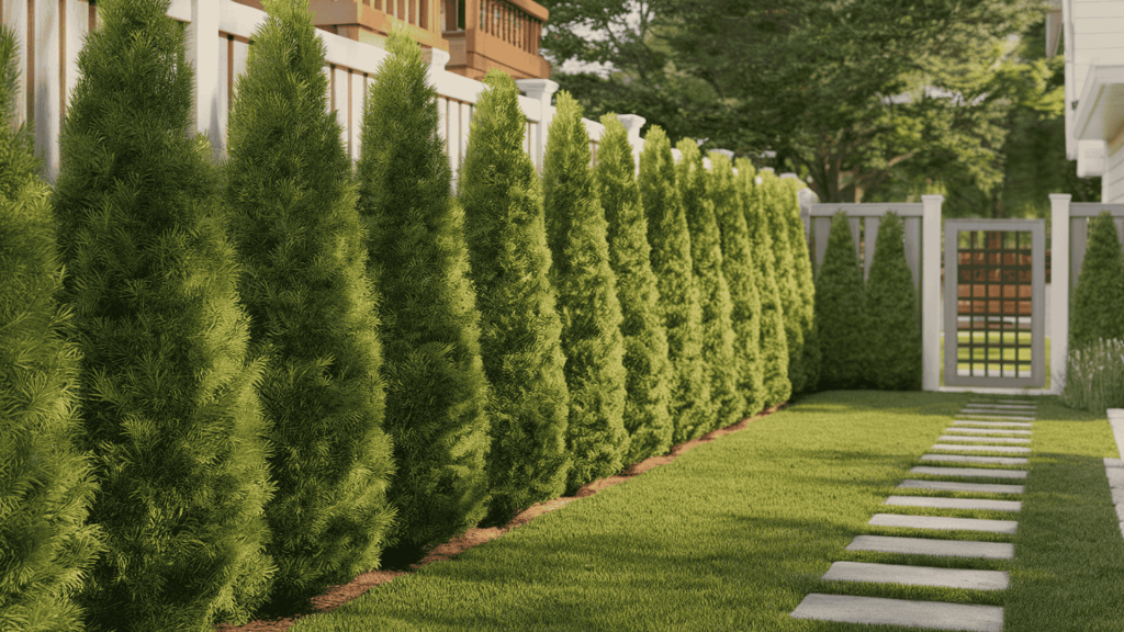 a dense hedge along a fence line that adds greenery and blocks neighbor views while keeping the yard open.