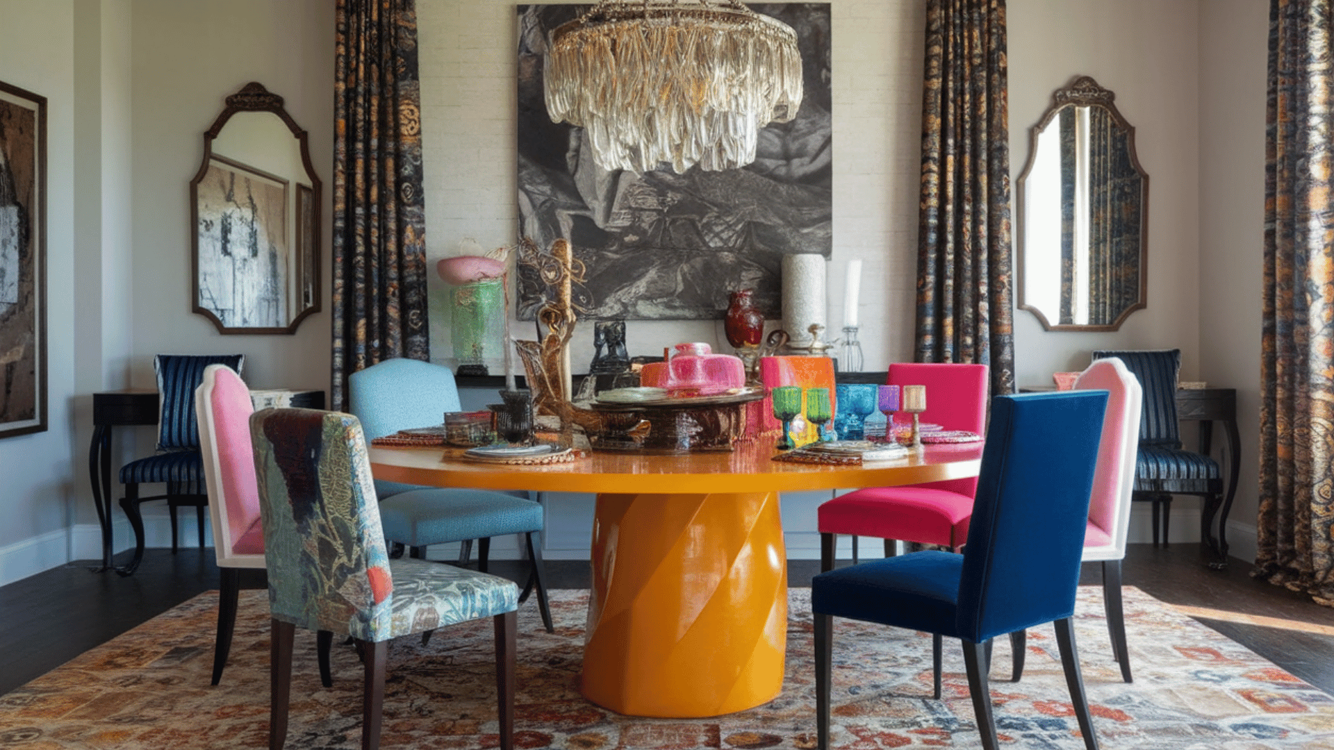 a dining room with an eclectic style, including a vibrant orange table, colorful chairs, and artistic decor.