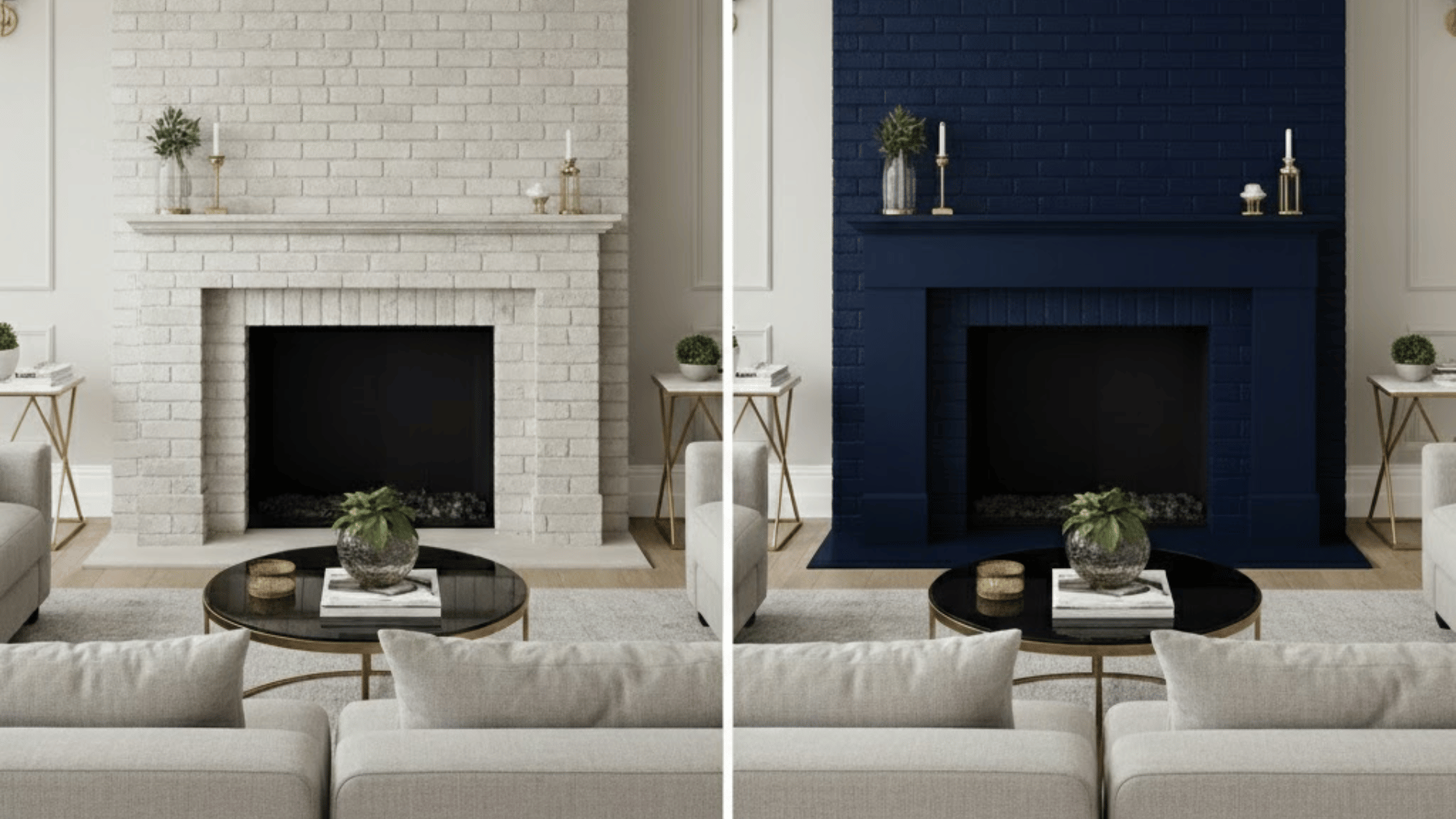 a faded, neutral brick fireplace compared to a bold navy blue statement wall with elegant gold accents and high contrast.