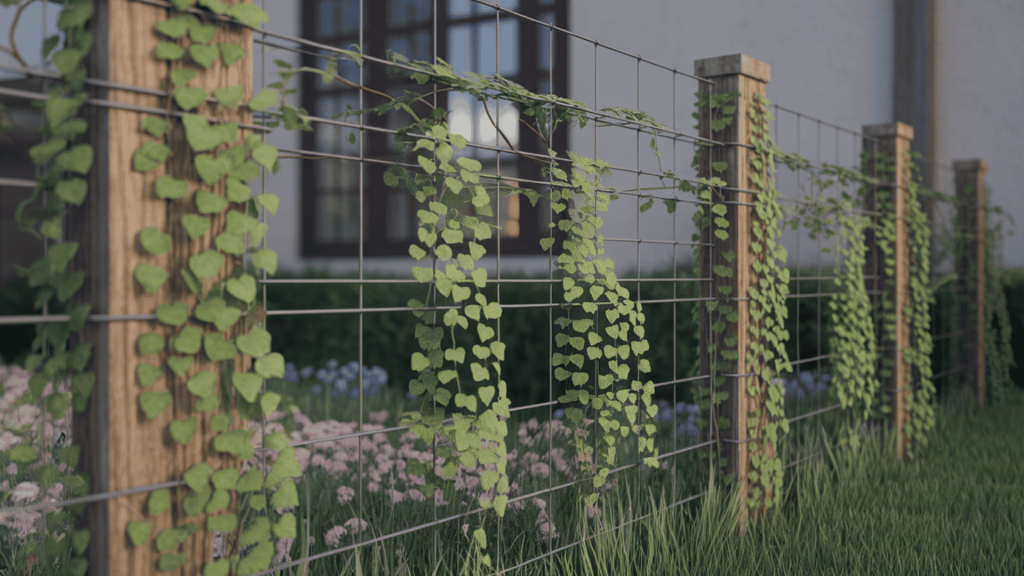 a fence softened by climbing vines on a trellis, adding privacy and greenery without taking up ground space.