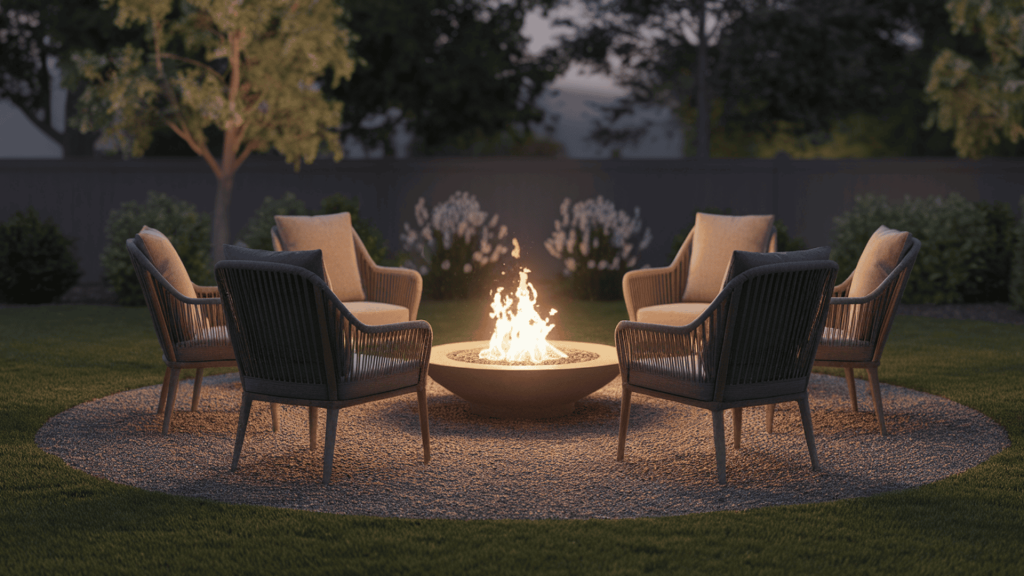 a fire pit set on gravel with chairs in a circle, creating a simple gathering spot for evenings outdoors