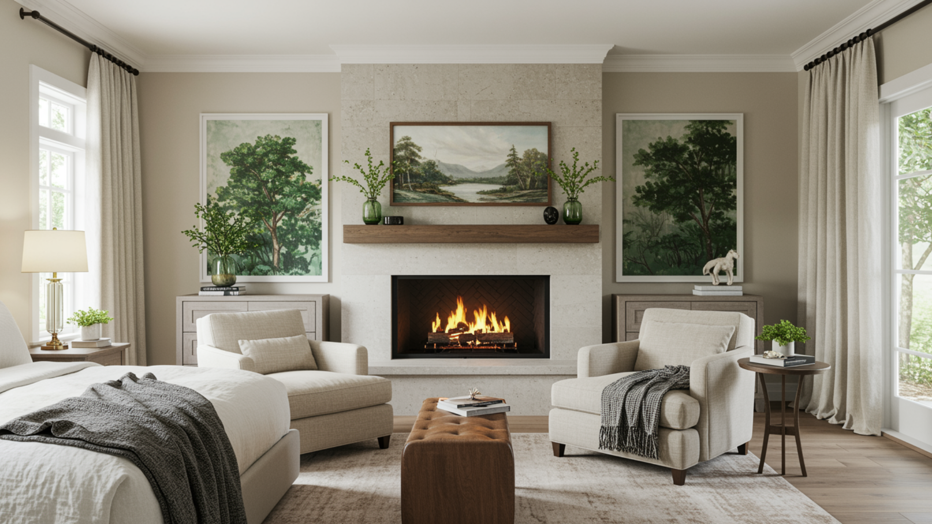 a fireplace focal point in a master bedroom with two accent chairs arranged facing the hearth for a warm intimate atmosphere