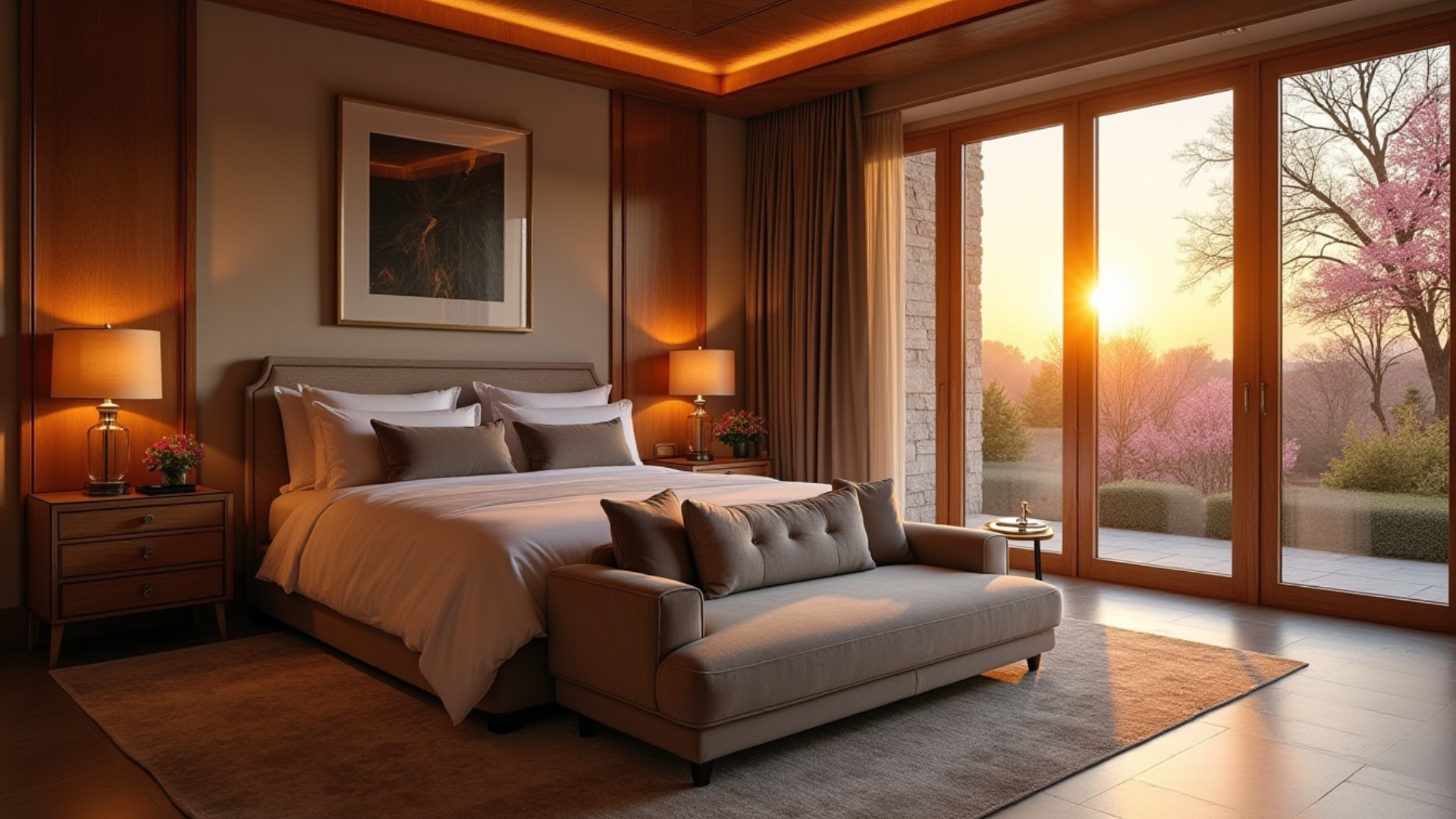 a foot of the bed lounge in a master bedroom with a sofa for a sitting area and soft lighting for a hotel-inspired finish