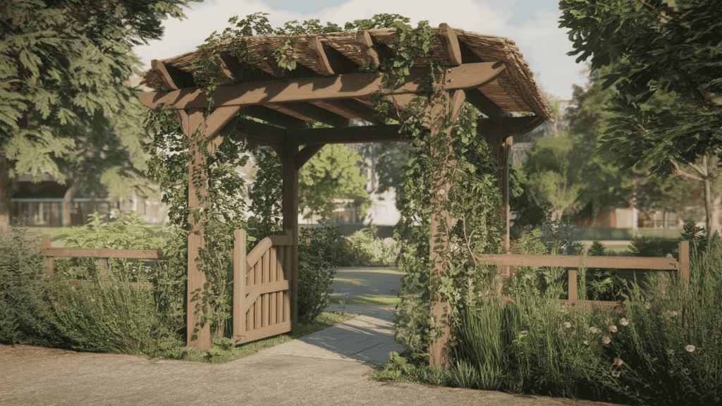 a garden arbor over a path creating a clear entry between yard areas, with climbing plants adding greenery overhead.