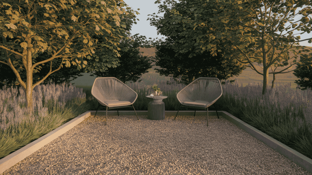 a gravel lounge corner with two chairs and a side table, edged with low plants for a clean, contained look.