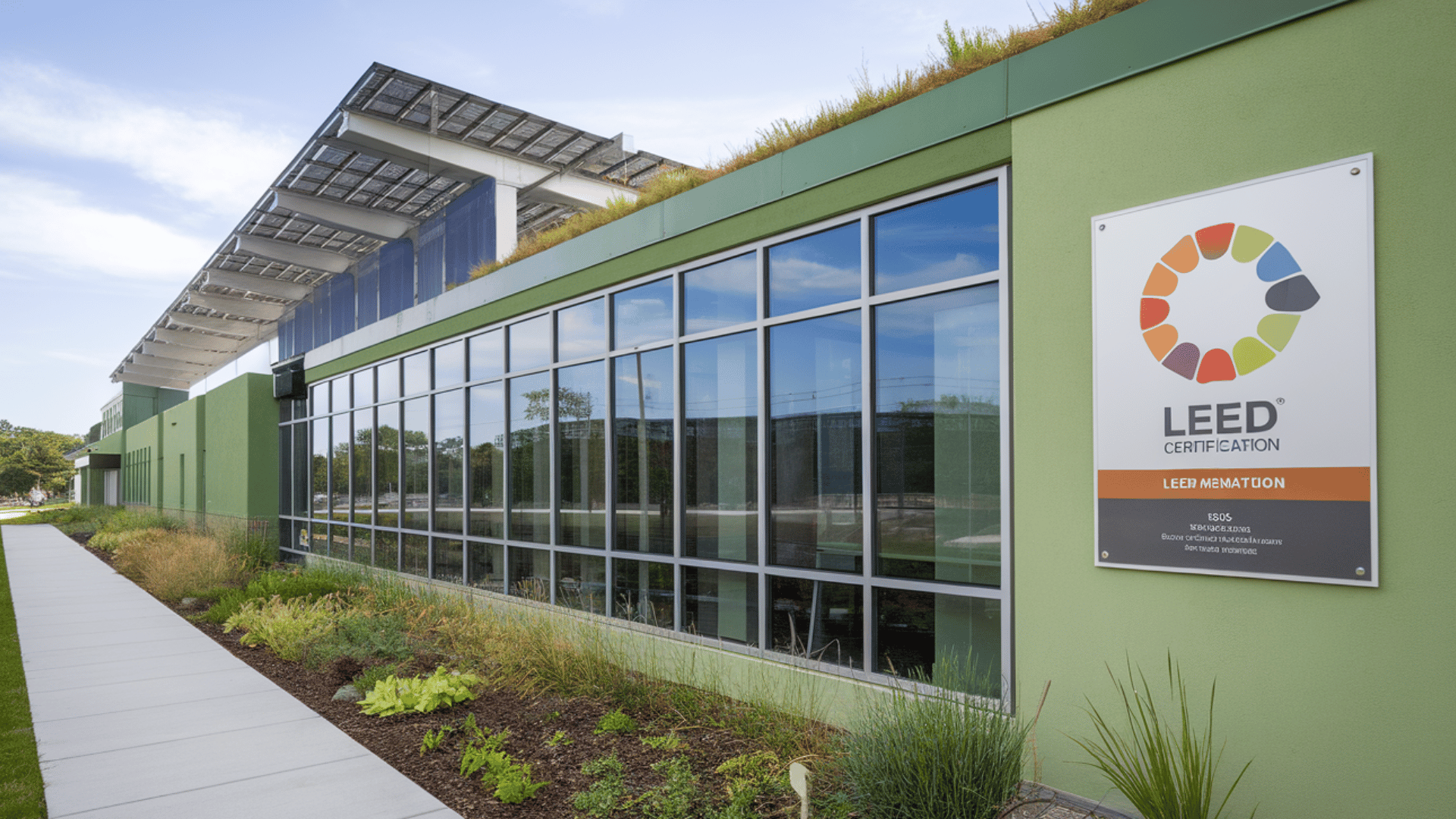 a green building with solar panels and LEED certification signage outside.