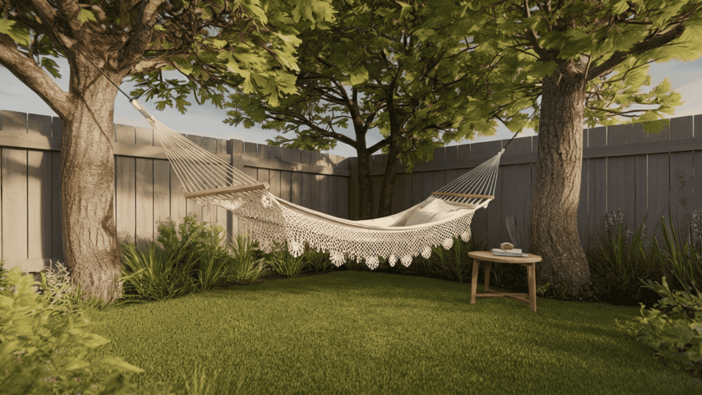 a hammock in a shaded corner with a small table nearby, creating an easy rest spot without taking much space.