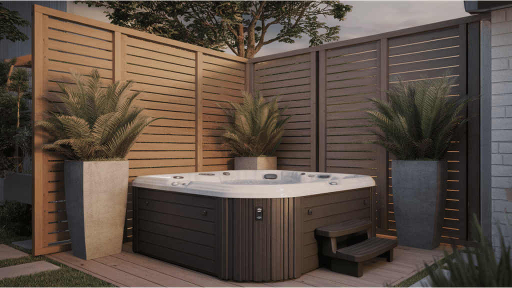 a hot tub area with privacy screens and tall planters, creating a calm corner that feels separate from the rest of the yard.