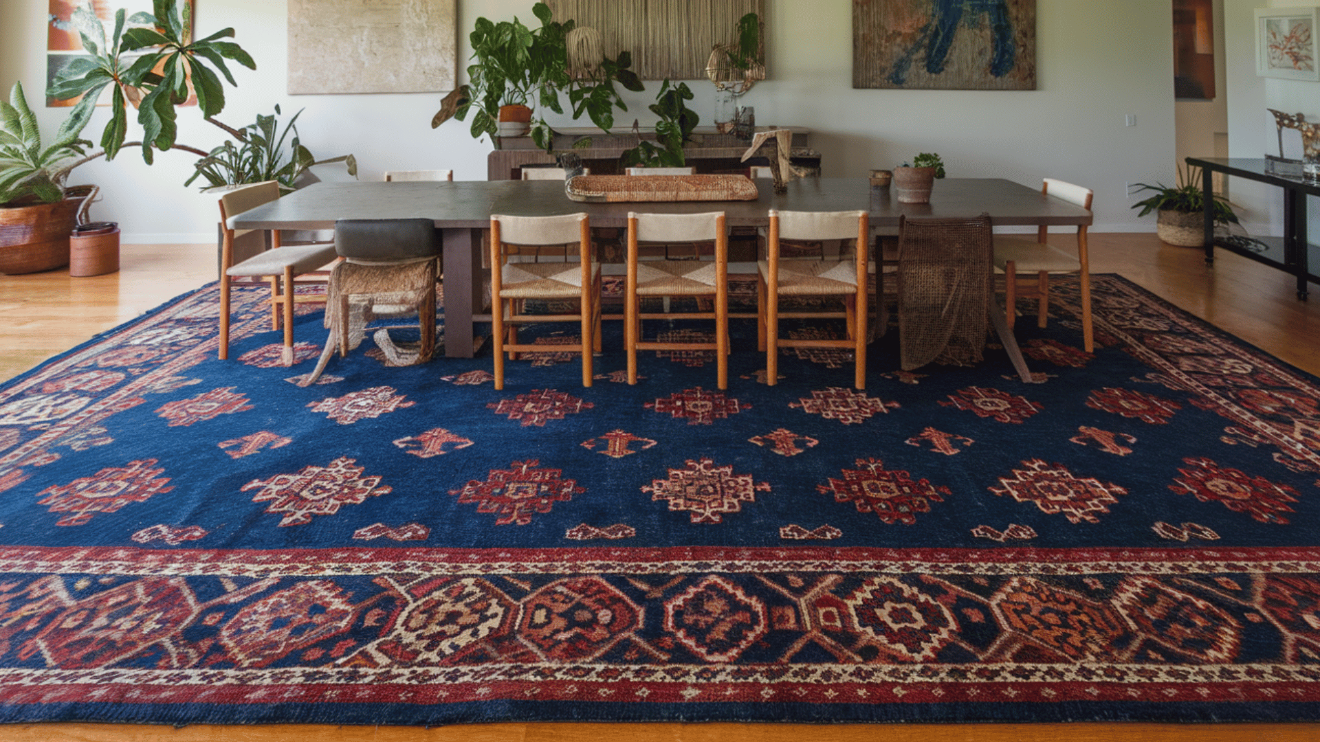 a large area rug anchoring a living room dining area