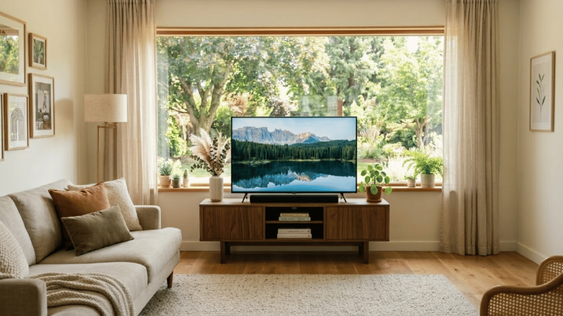 a living room with a tv mounted above a low window, soft daylight, and a clean modern layout