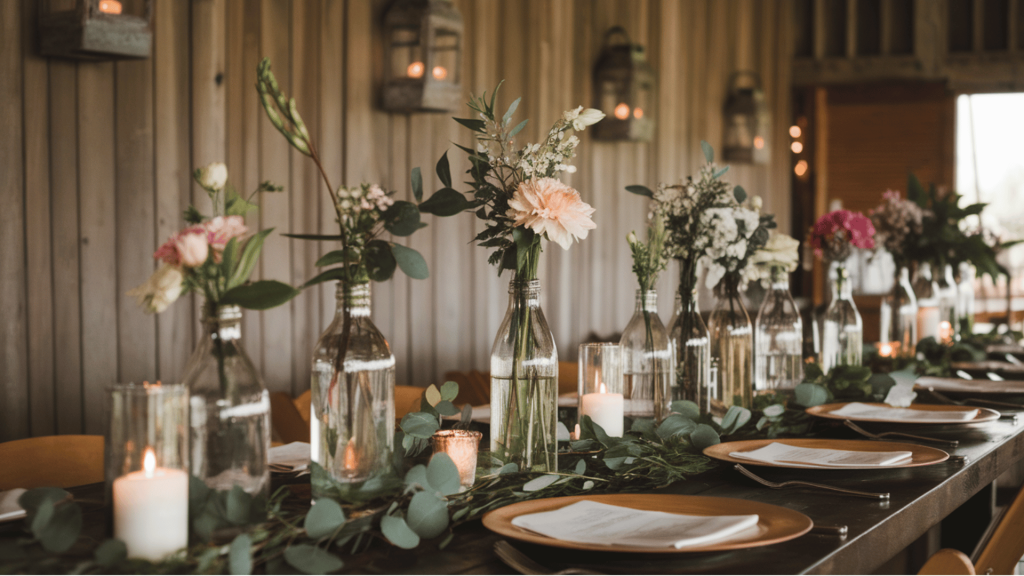 a long wooden wedding table adorned with flowers in glass bottles, candles, and eucalyptus leaves for a warm, rustic ambiance.