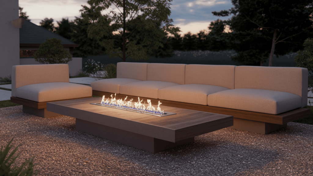 a modern backyard lounge with a rectangular gas fire table, low seating, and a gravel base for a clean, low upkeep layout.