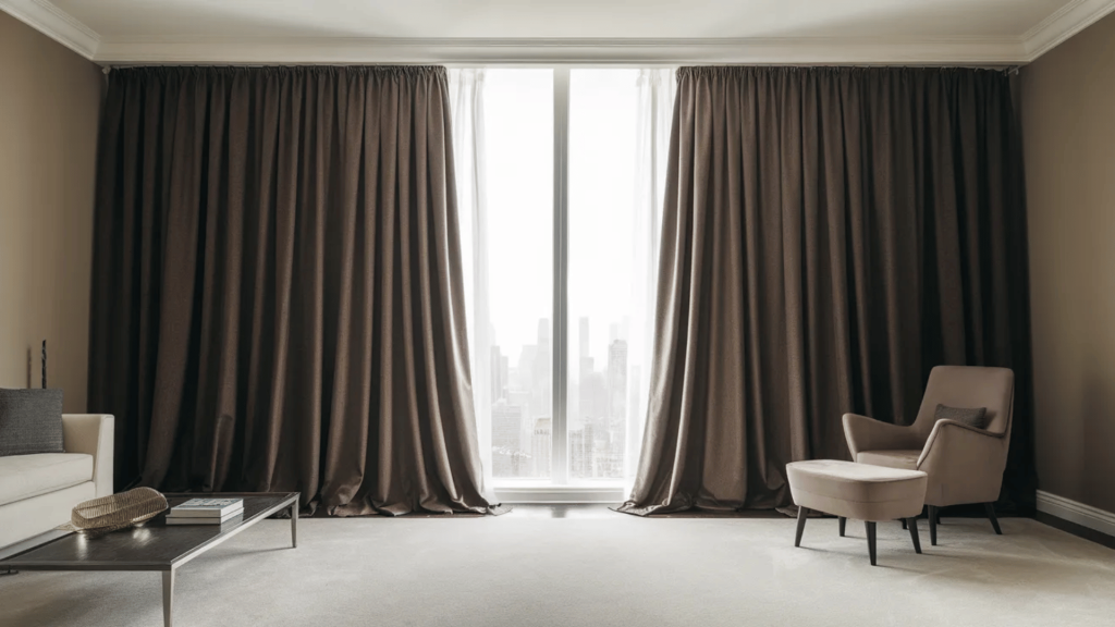 a modern living room with dark brown curtains framing a large window with a city view, a beige armchair, and a sleek coffee table in front