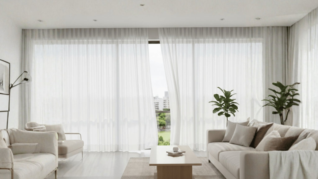 a modern living room with white sheer curtains letting in natural light, a beige sofa, a minimalist coffee table, and a plant near the window, with a cityscape in the background