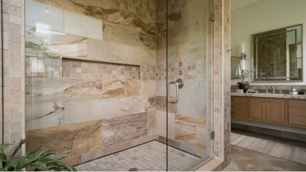 a modern shower with glass walls, natural stone tiles (marble, slate, granite) (1)