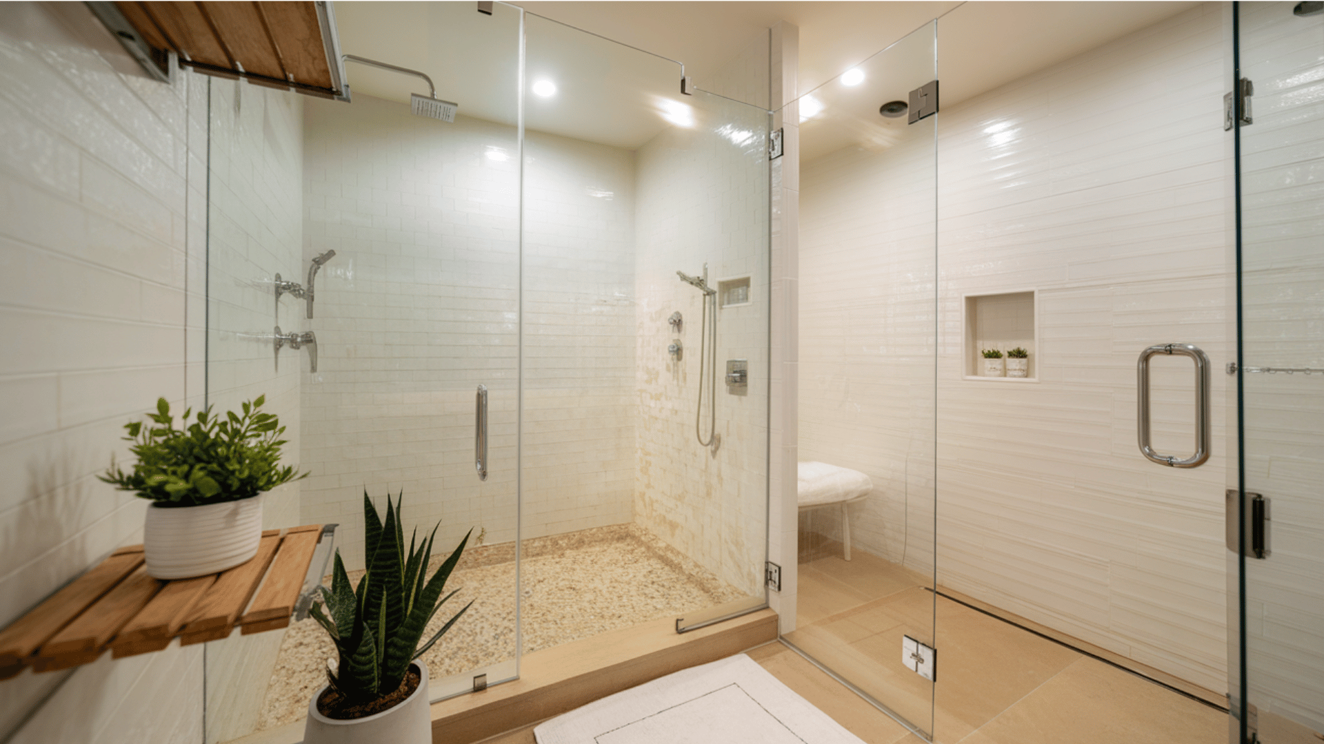 a modern walk-in shower with glass panels, white subway tiles, a pebble floor, and a built-in niche.