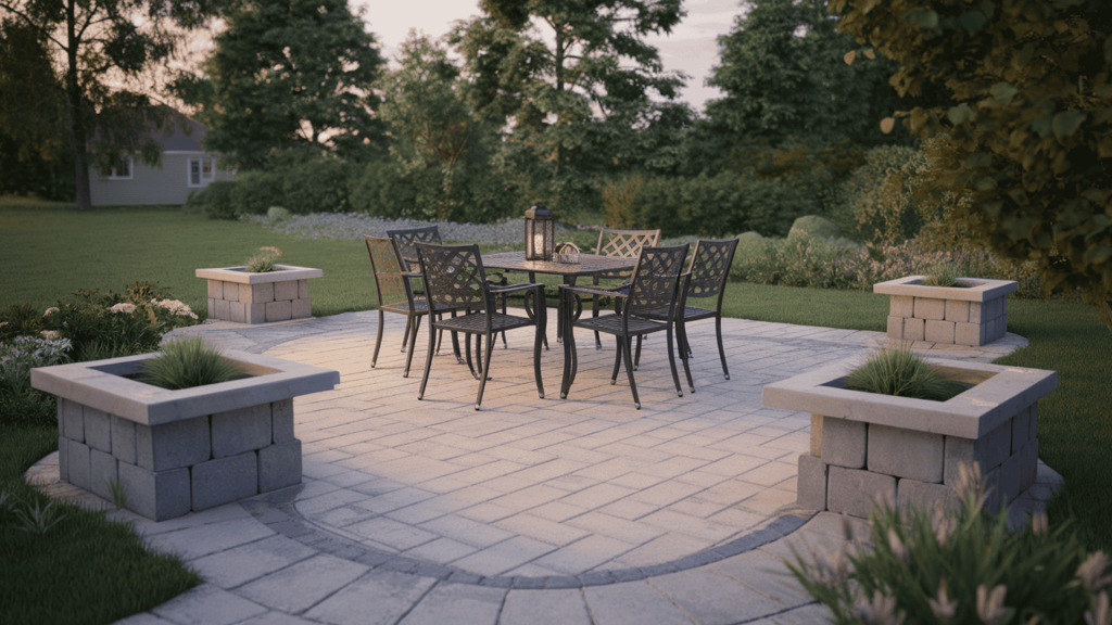 a paver patio dining area with a table and chairs, clean lines, planters at the edges, and soft evening light.