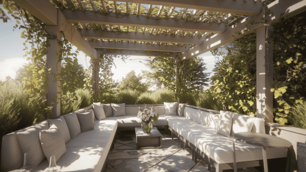 a pergola over a lounge area creating light shade and structure, with plants and seating arranged like an outdoor room.