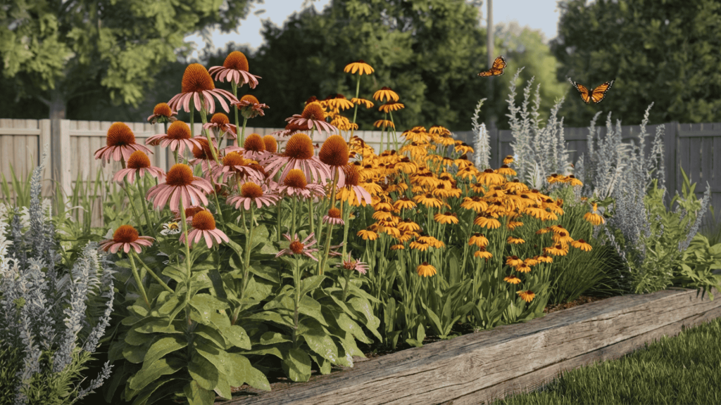 a pollinator flower patch with layered blooms that attract bees and butterflies, adding color and movement to the yard.