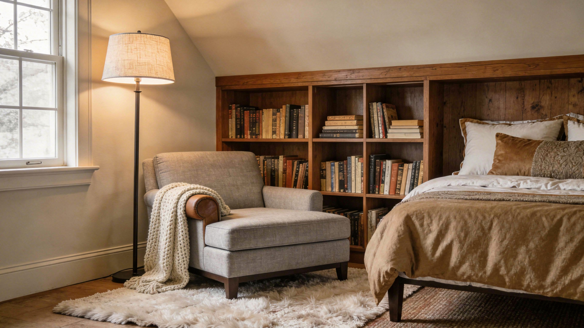a reading chaise corner idea for a master bedroom with a chaise beside a bookshelf and a floor lamp for avid readers