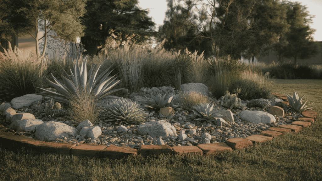a rock and drought-plant bed using mixed stone and hardy plants, ideal for dry climates and low water needs.