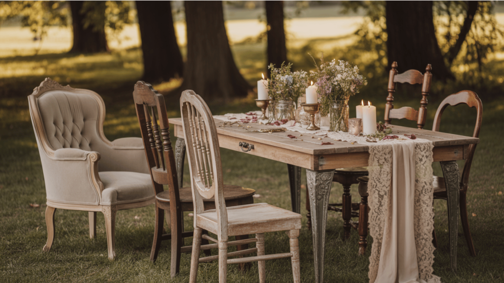 a romantic rustic wedding scene, with a wooden table adorned with flowers, candles, and elegant decor, set outdoors amidst trees