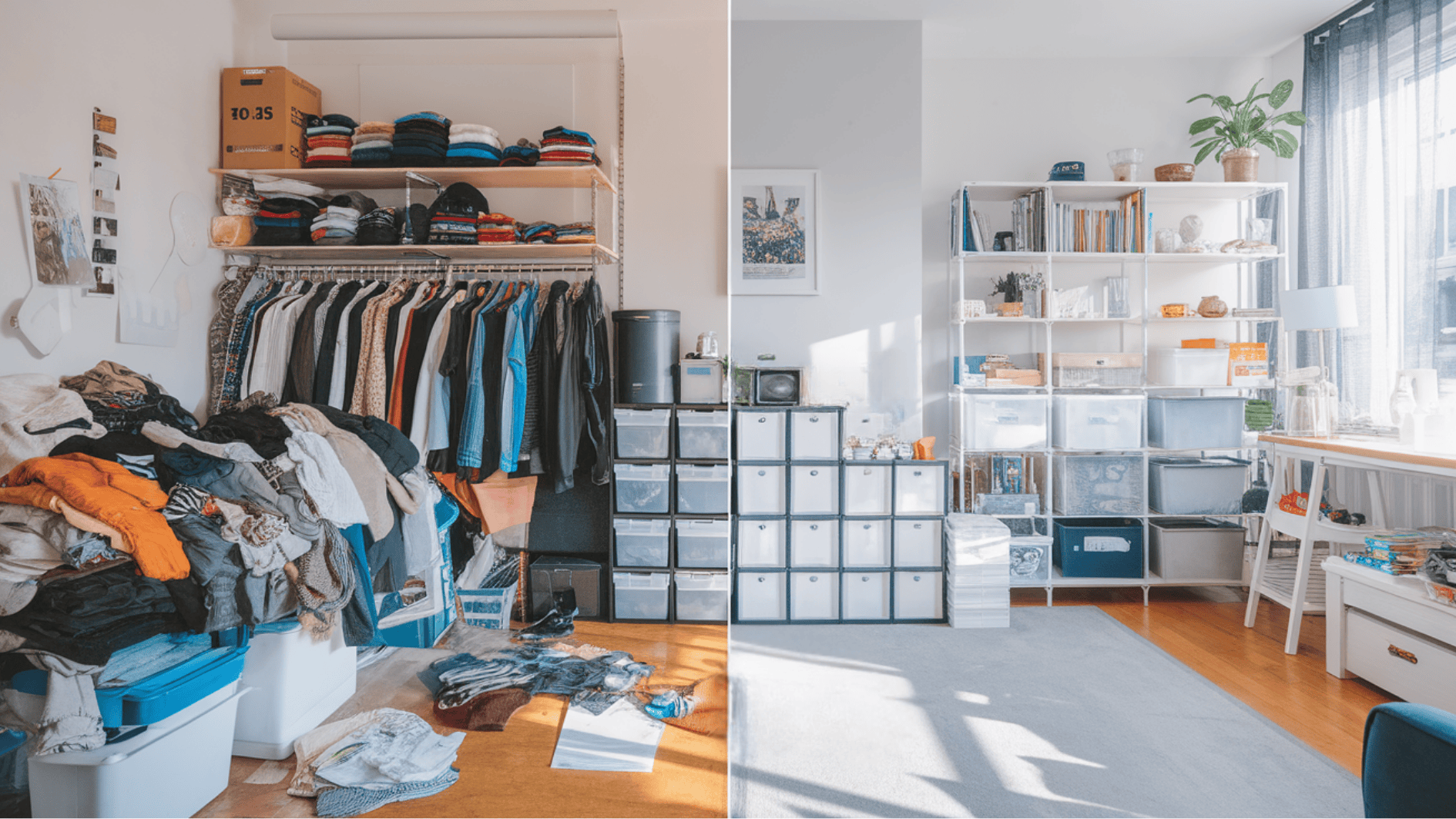 a room with before and after that clearly shows what impact does organising and decluttering makes