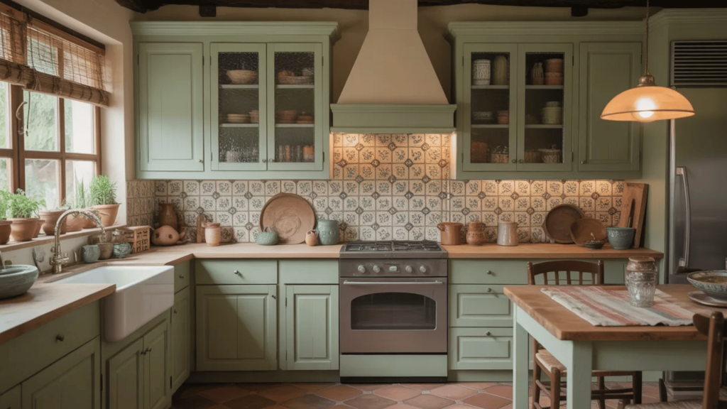 a rustic kitchen with sage green cabinets, farmhouse sink, hand-painted tile backsplash, and plants