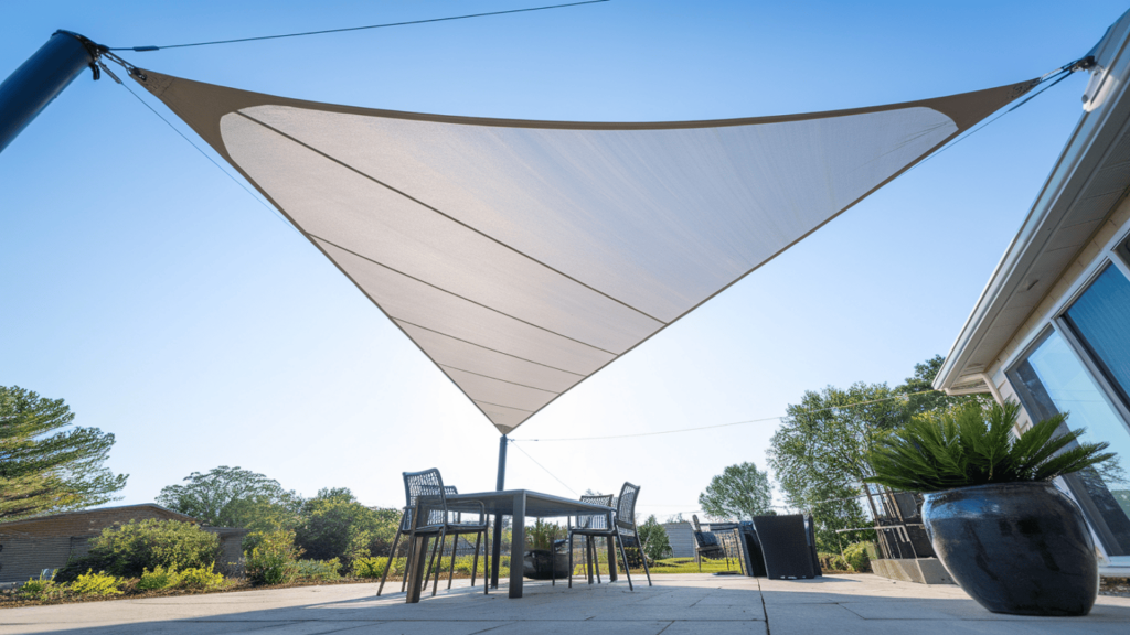 a shade sail stretched above a seating area, adding quick sun protection for patios in both small and large yards.