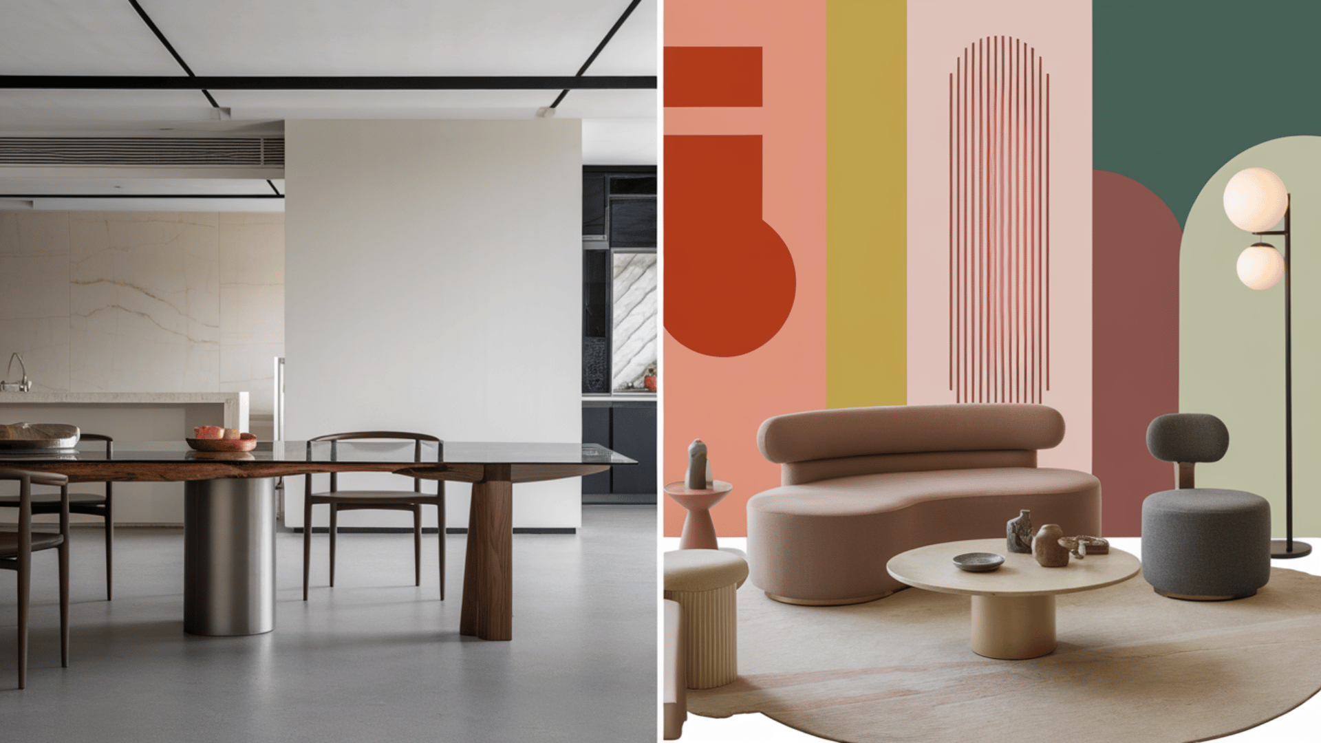 a side-by-side collage comparing a modern interior with neutral tones and a contemporary space featuring bold, soft curves and colors