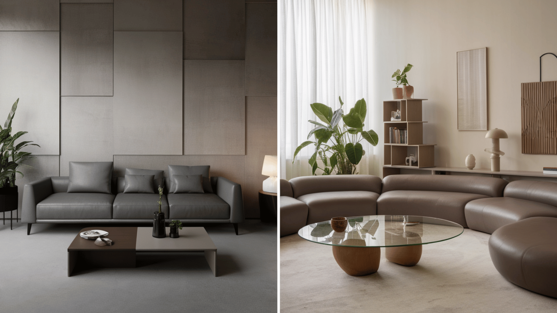 a side-by-side comparison of modern and contemporary living room designs featuring sleek minimalist and sculptural furniture