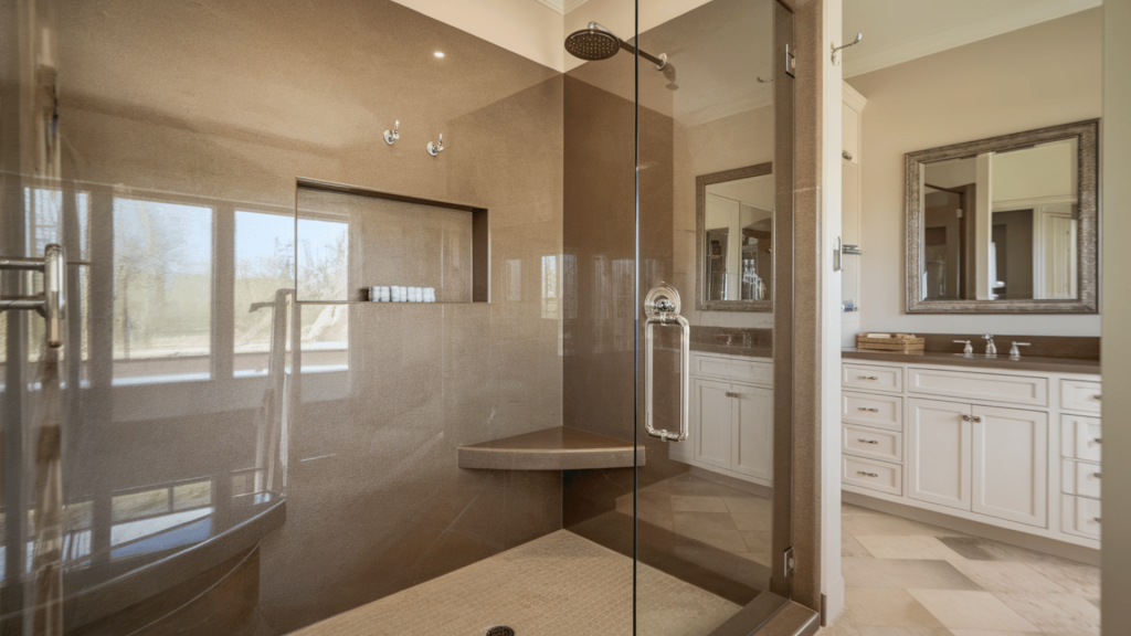 a sleek, glossy finish walk-in shower with modern fixtures and natural lighting.