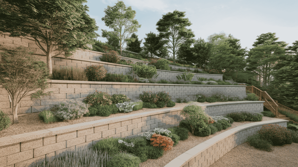 a sloped yard with tiered retaining walls and layered plants, turning uneven ground into structured garden levels.