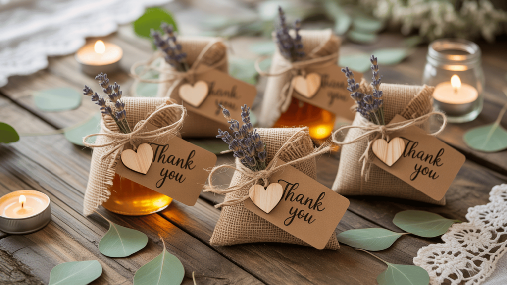 a soft display of personalized wedding favors with simple, thoughtful touches like wooden heart tags and flowers.