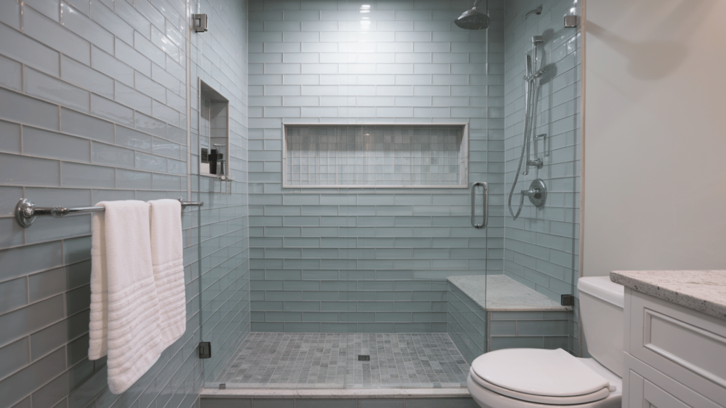 a spacious walk-in shower with blue glass subway tiles, a built-in shelf, and contemporary fixtures.
