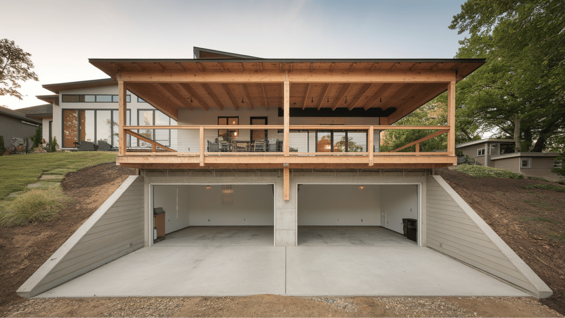 a split-level garage uses two different floor heights to follow the natural grade of the land.
