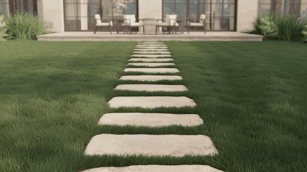 a stepping stone path across grass, evenly spaced stones guiding foot traffic from the patio to a seating area.