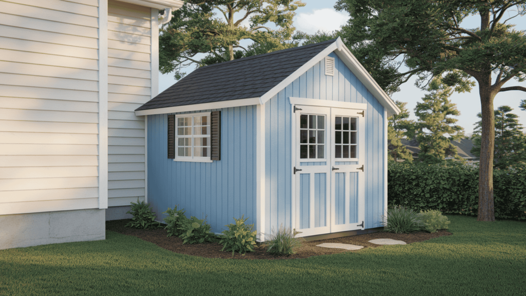 a storage shed painted to match the home, placed neatly with plants and gravel so it looks like part of the landscape.