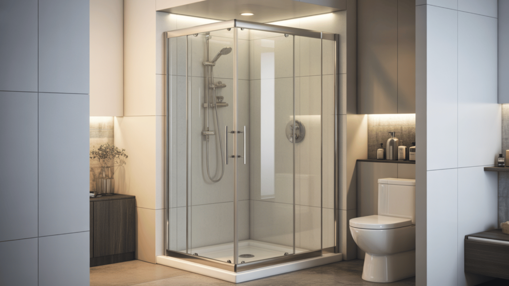 a stylish, compact shower stall with clear glass doors, chrome fixtures, and ambient lighting