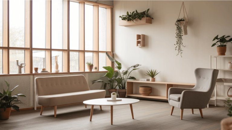 a sustainable interior design living room with natural light, plants, and minimalistic furniture.