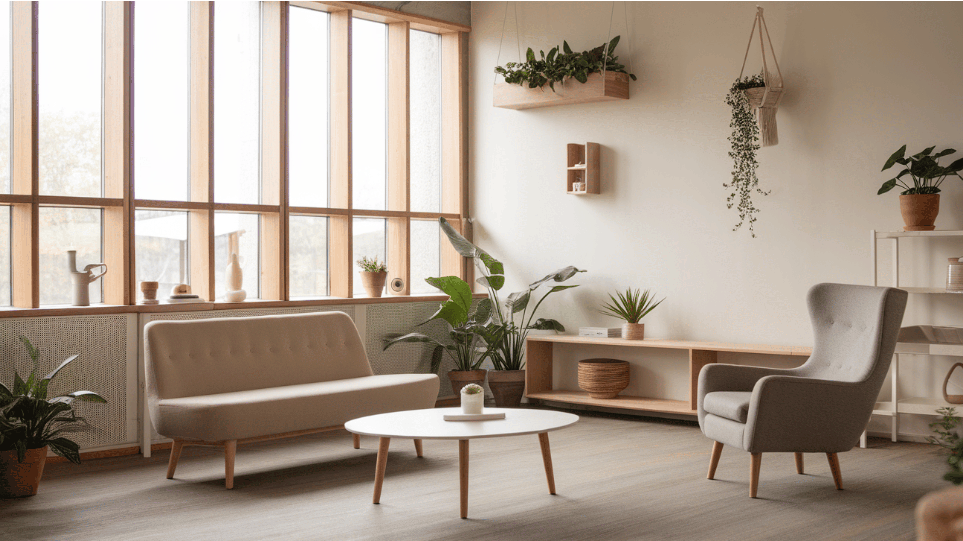 a sustainable interior design living room with natural light, plants, and minimalistic furniture.