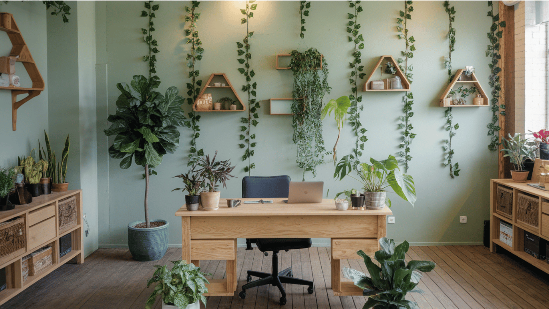 a sustainable interior design office with plants and natural wooden shelves.
