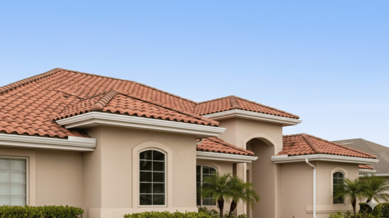 a tan-colored house with a red tiled roof, featuring arched windows and surrounding greenery