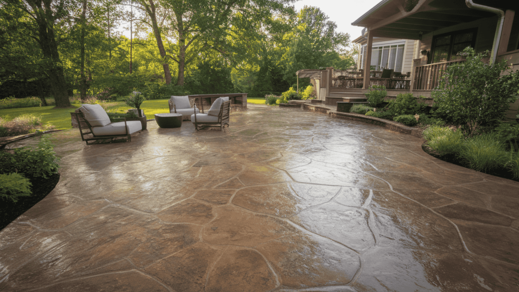 a textured concrete patio with a stamped finish, upgrading a plain slab while keeping the space durable and easy to clean.