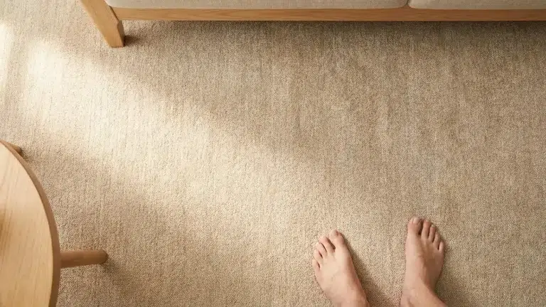 a top-down view of thick neutral carpet on a living room floor with soft natural light highlighting the texture
