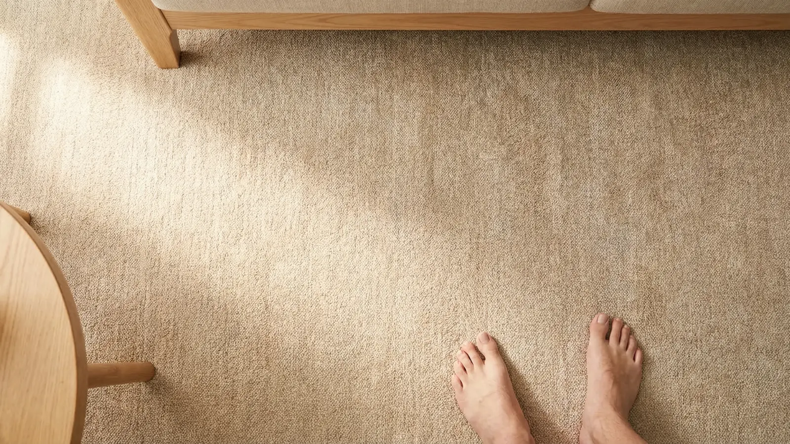 a top-down view of thick neutral carpet on a living room floor with soft natural light highlighting the texture