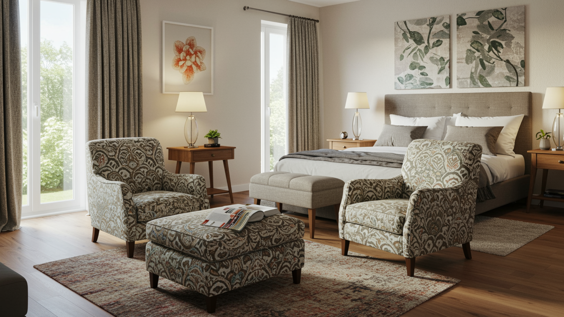 a twin accent chair setup idea for a master bedroom with two textured chairs and a shared ottoman in a cozy sitting area