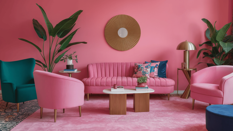 a vibrant maximalist living room with bold pink walls, pink velvet furniture, teal accents, and modern decor.