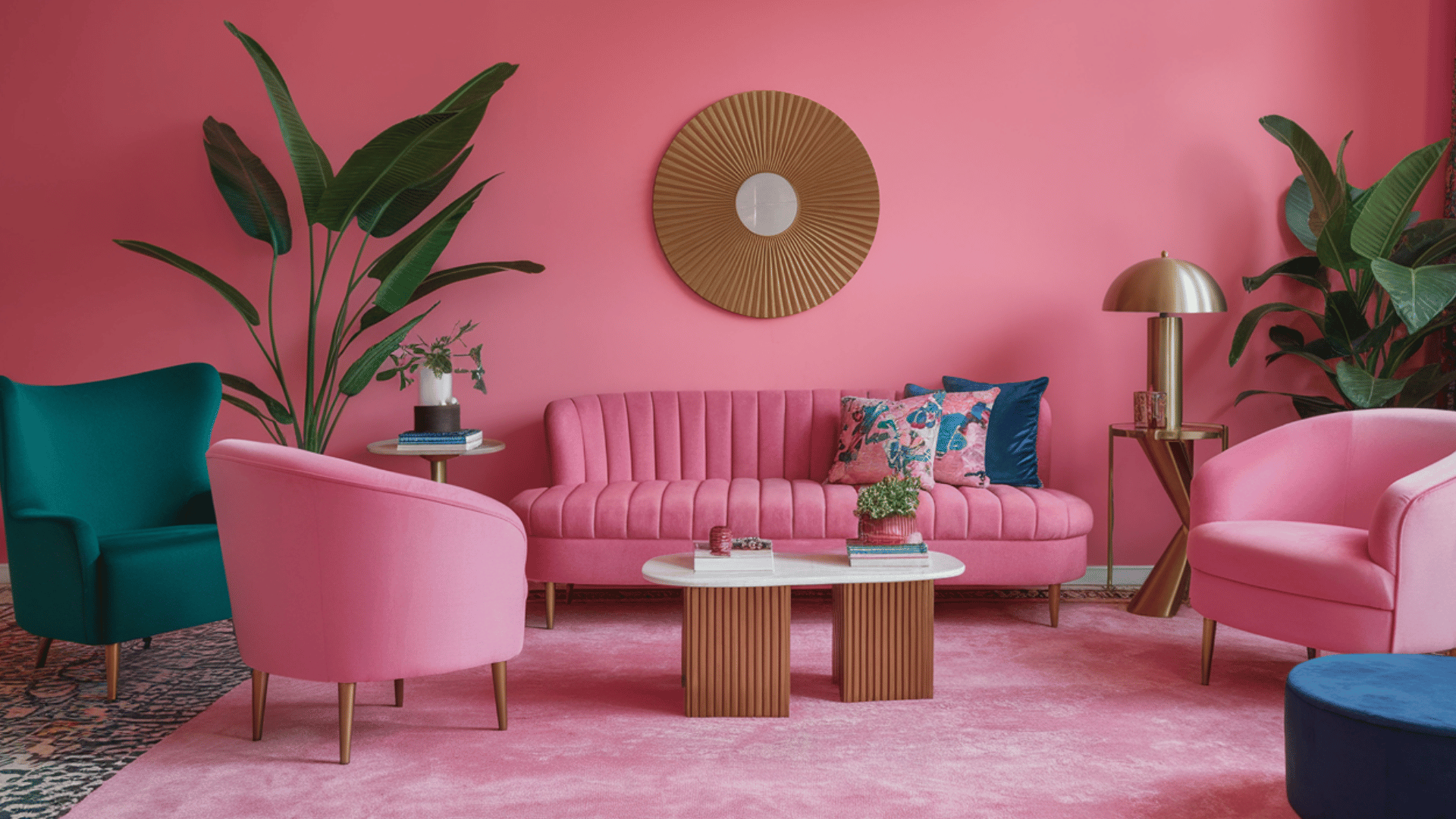 a vibrant maximalist living room with bold pink walls, pink velvet furniture, teal accents, and modern decor.