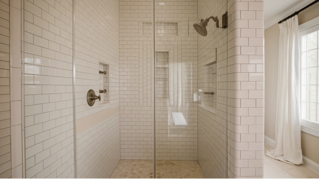 a walk-in shower featuring beige subway tiles, a rainfall showerhead, and a built-in shelf, all in a minimalist style.